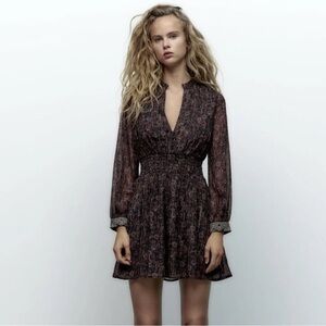 ZARA Floral Metallic Stripe Mini V Neck Dress Size L Boho Flowy Party Cuff